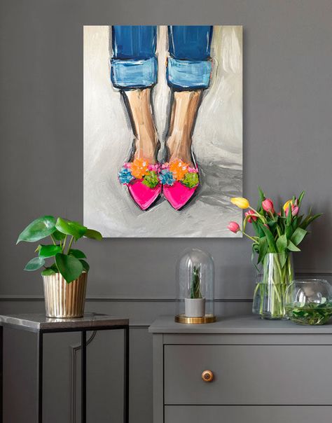 Pom Pom Shoes Canvas Wall Art - GreenBox Art Shoe Wall Art, Shoes Wall, Dyi Art, Pour Art, Folk Art Flowers, Fabric Wall Decals, Paint Night, Quirky Art, Shoes Canvas