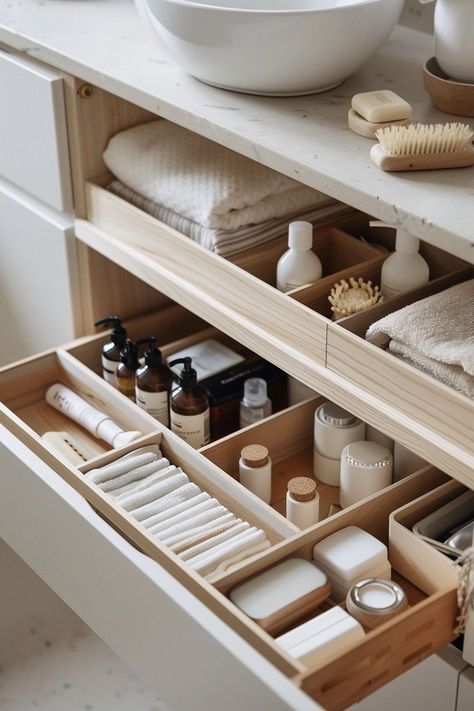 How To Organize A Deep Bathroom Drawer: Efficient Storage Tricks Bathroom Cleaning Organization, Organizing Ideas Drawers, Bathroom Organisation Aesthetic, Bathroom Storage Aesthetic, How To Organize Your Bathroom, Bathroom Drawer Ideas, Bathroom Design Storage, Bath Organization Ideas, Bathroom Hidden Storage