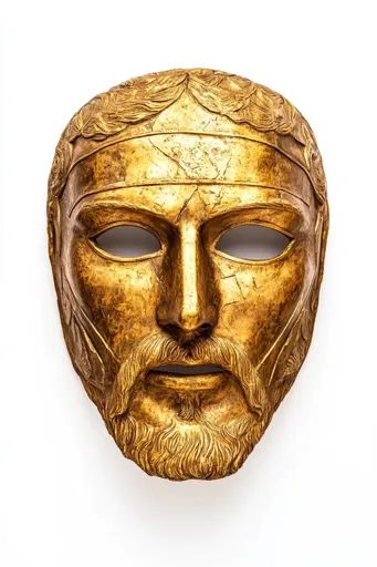 ↑↑↑ Larger size on website 🔸 The image shows a golden mask of a man's face. The mask is intricately detailed, with a sculpted bea Golden Mask, Beard Hair, The Mask, Ancient Artifacts, Male Face, Plain White, Artifacts, Art Images, White Background