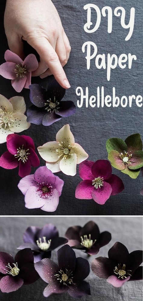 Paper Hellebore Flower Tutorial Crape Paper Easy Flowers, Paper Flowers Tutorial Step By Step, Crepe Paper Ornaments, Nature Diy Projects, Crepe Paper Christmas Flowers, How To Make Silk Flowers, Crape Paper Flowers Diy How To Make, Crepe Flowers Diy, Diy Wood Flowers