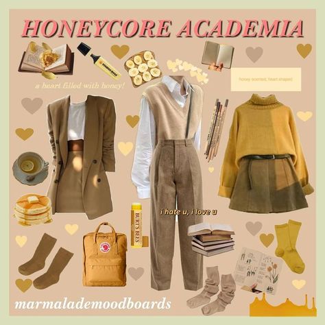 Honey Academia Aesthetic, Tan And Yellow Outfit, Honeycore Outfits Aesthetic, Honey Aesthetic Outfit, Yellow Academia Outfit, Honey Core Outfits, Honey Core Aesthetic Outfits, Honey Core Aesthetic, Aesthetic Moodboard Outfits