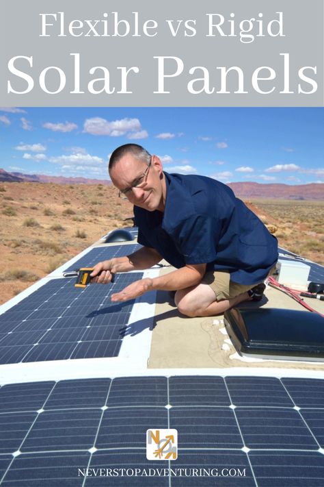 Man on roof of RV checking flexible solar panels for hotspots Solar Panels For Rv, Motorhome Life, Solar Tent, Rv Solar Panels, Solar Panel Mounts, Rv Solar, Rv Repair, Flexible Solar Panels, Tiny House Trailer