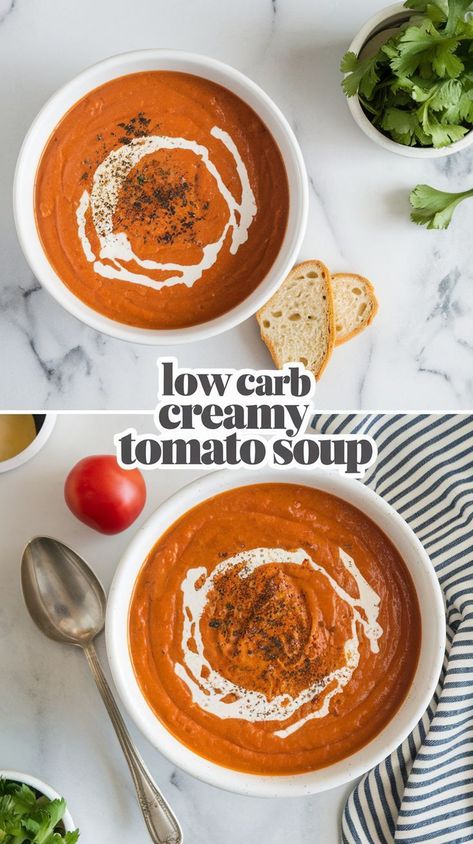 Low-Carb Creamy Tomato Soup Recipe Cottage Cheese Tomato Soup, Cottage Cheese Soup, Low Carb Tomato Soup, Cottage Cheese Tomato, Tomato Soup Healthy, Tomatoe Soup, Creamy Tomato Soup Recipe, Cottage Cheese Recipes Healthy, Keto Soup Recipes