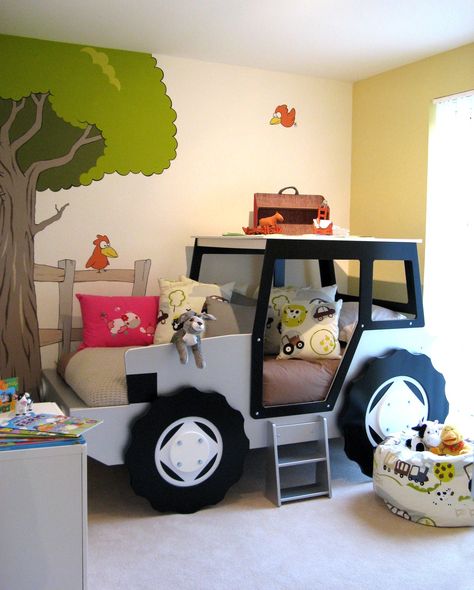 The perfect Bedroom for your child.  A Farm theme bedroom with a Tractor Bed for your little one to play in.  This simple hand pai... Boys Room Farmhouse, Tractor Bedroom, Tractor Room, Tractor Bed, Car Themed Bedrooms, Farm Room, Farm Bedroom, Boys Bedroom Ideas, Boy Toddler Bedroom