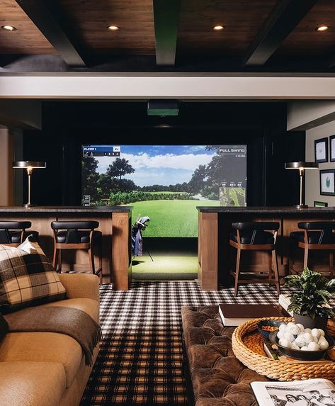 There are diy golf simulators and then there are basements that are designed and built around the golf simulator. #ascsecretingredient… | Instagram Golf Simulator Basement Ideas, Man Cave Golf Simulator, Small Golf Simulator Room, Golf House Decor, Man Cave With Golf Simulator, Golf Simulator Room Design Garage, Golf Simulator Room Man Caves, Home Golf Simulator Room, Basement Golf Simulator