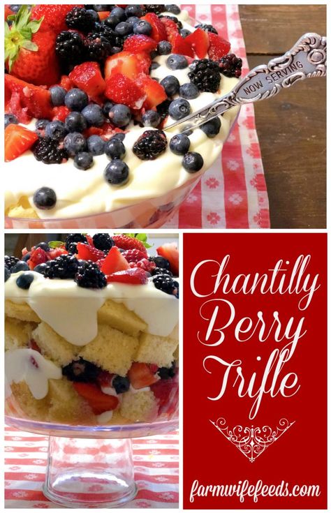 Chantilly Berry Trifle - The Farmwife Feeds Berry Chantilly Tiramisu, Berry Trifle Pound Cake, Chantilly Trifle, Chantilly Desserts, Berry Trifle Recipe, Chantilly Cake Recipe, Easter Meals, Punch Bowl Cake, Berry Chantilly Cake