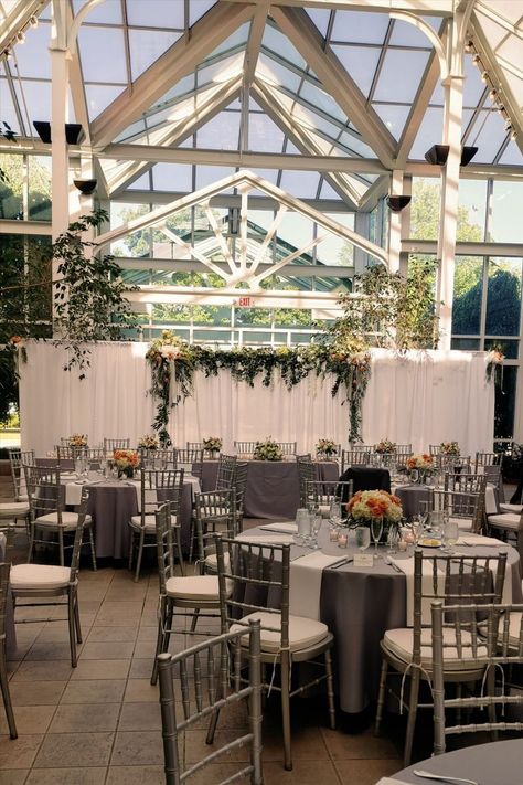 Wedding Location: Boerner Botanical Gardens 9400 Boerner Drive, Hales Corners, WI Boerner Botanical Gardens, Boerner Botanical Gardens Wedding, White Drapery, Botanical Gardens Wedding, Slate Gray, Sweetheart Table, Garden Room, Stunning View, Garden Wedding