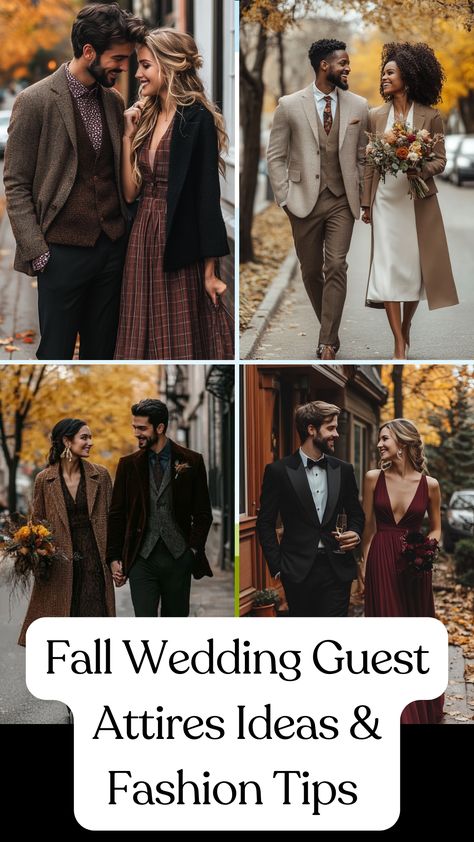 Elegant fall wedding guest outfit featuring a cozy layer, chic dress, and stylish accessories for a seasonal celebration. Fall Wedding Guest Attire Pants, Autumn Wedding Outfits For Guests, Parents Wedding Attire, Fall Semi Formal Dresses Wedding Guest, Men’s Wedding Guest Outfit Fall Black, Wedding Guest Outfit Fall 2024, Fall Wedding Couple Outfits Guest, Guest Winter Wedding Outfit, Fall Wedding Guests Outfits