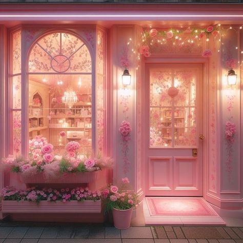 Cute Boutique Exterior, Cute Store Fronts, Fall Wedding Desserts, Bakery Shop Interior, Flower Shop Decor, Pink Dorm, Parisian Cafe, Flower Window, Pink Door