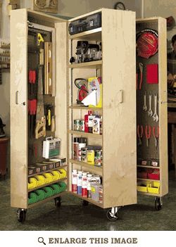 Mobile Tool Cabinet Woodworking Plan, Shop Project Plan | WOOD storage.  diy - get 2-3 bookshelves of same size. Put on heavy duty castors and place  multiple hinges on one side to open and close. Garage Kasten, Crosscut Sled, Storage Wars, Cabinet Woodworking Plans, Workshop Layout, Cabinet Plans, Tools Storage, Diy Workbench, Shop Cabinets