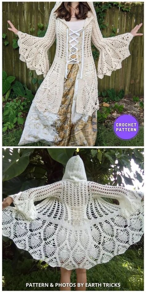 Crochet Witch Cloak, Boho Top Crochet Pattern Free, Crochet Witch Dress Pattern, Fantasy Crochet Ideas, Gothic Crochet Dress, Crochet Hooded Cape Free Pattern, Crochet Fairy Queen Coat Free Pattern, Crochet Fae Elf Hood Free Pattern, Crochet Hooded Cloak Pattern Free