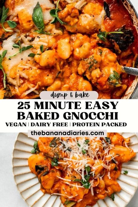 Vegan Baked Gnocchi, Vegan Gnocchi Recipes, Dump And Bake Dinner, Vegan Gnocchi, Banana Diaries, Healthy Vegan Dinner Recipes, Gluten Free Sweet Potato, Baked Gnocchi, Gnocchi Recipe