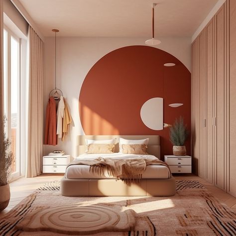 Terracotta Half Wall Bedroom, Bedroom Circle Paint, Circle On Wall Painting, Curved Painted Wall, Terracotta Accent Wall Bedroom, Accent Ceiling Bedroom, Unique Wall Paint, Orange Aesthetic Room, Bedroom Terracotta