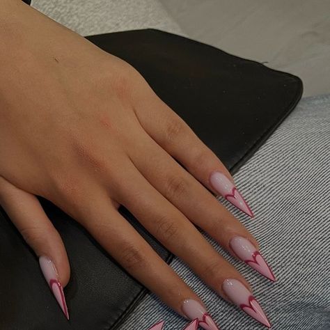 @serein.nails on Instagram Stilletos Nails Short, Different French Tip Styles, French Tip Almond Acrylic Nails, Nail Ideas Stiletto, French Nails With Design, Nails Inspo Pink, Nail Designs French, Stiletto Nails Design, Pink Almond Nails