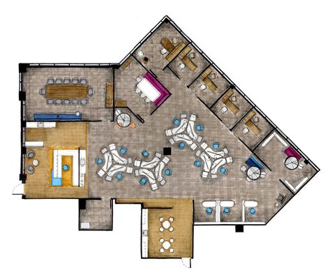 Office Floor Plan Corporate Office Floor Plan Layout, Advertising Office Design, Advertising Agency Interior, Advertising Agency Office, Advertising Office, Open Office Layout, Room Desks, Agency Office, Office Floor Plan