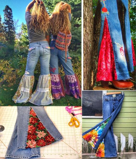 Pattern For Hippie Pants, Diy Denim Bell Bottoms, Diy Jean Bell Bottoms, Diy Bell Bottom Pants, Diy Boho Pants, Navratri Jeans, How To Make Bell Bottom Jeans Diy, Diy Bell Bottom Jeans, Diy Hippie Clothes