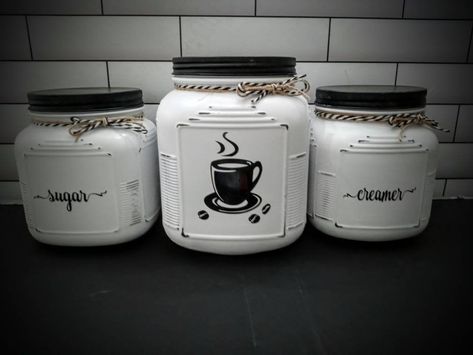 Coffee Jar Crafts, Farmhouse Kitchen Canister Set, Sugar Flour Containers Canister Sets, Black And White Jars With Lids, Farmhouse Salt And Pepper Shakers, Farmhouse Rustic Kitchen, Black Kitchen Decor, Coffee Decal, Coffee Canisters