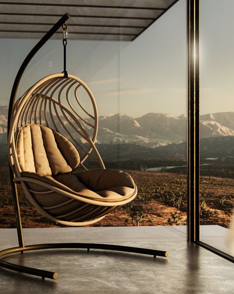 Discover KIDA a 2021 New Collection designed by Stephen Burks for DEDON a hanging lounge chair as delightful to look at as to use. The first collection to be wrapped rather than woven in 834 meters of DEDON special Fiber Touch it features a cradle-like organic form that's open, airy, light and inviting. Once inside, users can luxuriate in KIDA's comfy cushion, which covers the entire seating area, and feel, in Burks' own words, “as free as the breeze” when swinging. Outdoor Terrace Furniture, Hanging Lounge Chair, Bubble Chair, Terrace Furniture, Indoor Balcony, Garden Hammock, Balcony Chairs, Furniture Selection, Outdoor Hammock