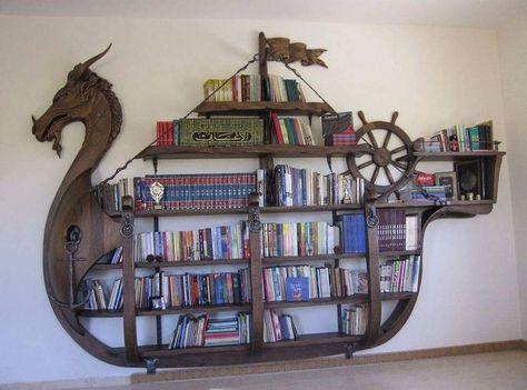 Majestic Viking ship bookshelf. Unique Bookcase, Lots Of Books, Steampunk Furniture, Creative Bookshelves, Dream Library, Bookshelf Design, Deco Originale, Home Libraries, Home Library