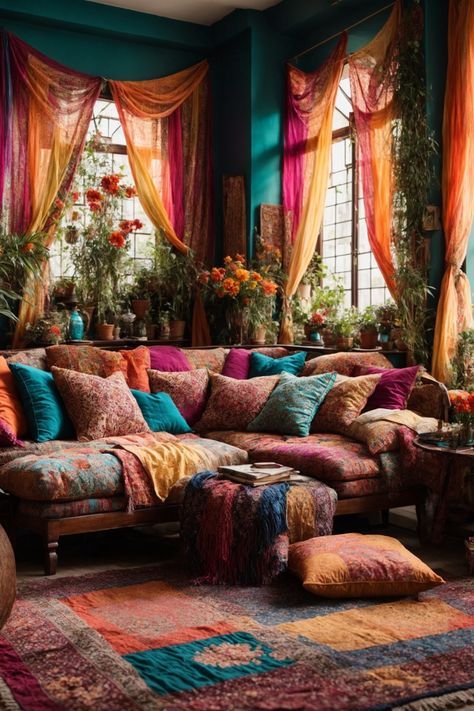 Dive into a living room that's a vibrant tapestry of colors, textures, and sensations. Lush teal walls form the perfect backdrop for a symphony of brilliant oranges, radiant pinks, and deep purples. Sheer drapes, kissed by sunbeams, frame arched windows and dance gently in the breeze. The centerpiece, a sumptuous multi-colored couch, beckons with plush cushions and throws in dazzling patterns and hues. Underfoot, a patchwork of intricately designed rugs tell tales of distant lands and adventures Teal Colour Living Room, Multi Color Sofa, Colors That Go With Orange Living Room, Jewel Tone Living Room Grey Couch, Romani Living Room, Jewel Tone Accents Living Room, Moody Pink Kitchen, Victorian Bohemian Decor Living Room, Teal Boho Living Room