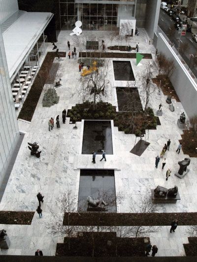 View of MoMA's Sculpture Garden from inside the museum Metal Sculptures Garden, Modern Art Sculpture, Stone Stairs, Sculpture Garden, Garden Architecture, Metal Garden Art, Back Gardens, Garden Art Sculptures, Architecture Plan