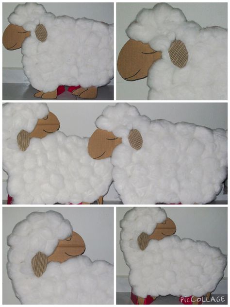 Christmas 2008 - Made these sheep from cardboard and cotton wool as props for a Christmas story skit. They are about 45cm x 60cm. Sheep Props For Play, Christmas Play Props Nativity, Cardboard Sheep Prop, Nativity Animals Diy, Christmas Sheep Craft, Sheep Cardboard, Christmas Play Props, Cardboard Manger, Nativity Props