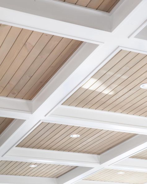 Love the coffered ceiling size Beams In Coffered Ceiling, Woodwork On Ceiling, Angled Ceiling Beams, Fake Coffered Ceiling, Wood Ceiling White Beams, Rustic Coffered Ceiling Ideas, Beadboard Coffered Ceiling, Coffered Ceiling Farmhouse, Shallow Coffered Ceiling