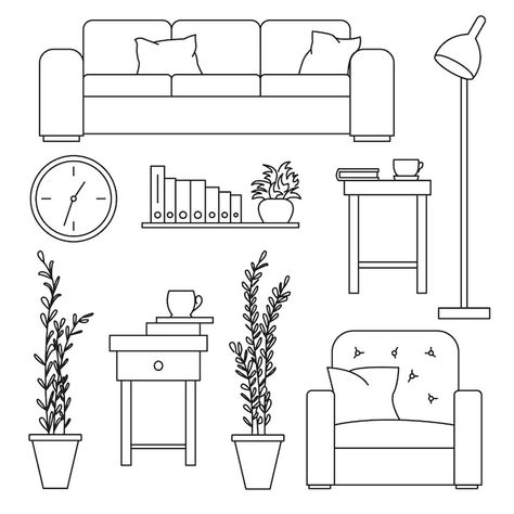 Free Vector | Interior icons line set Furniture Vector Illustration, Sketch Furniture, Drawing Furniture, Furniture Sketch, Furniture Design Sketches, Diy Quiet Books, Interior Design Drawings, Paper Doll House, Interior Design Sketches