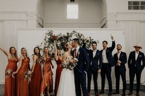 Gold Motb Dress, Groomsmen Attire With Terracotta Bridesmaids, Davids Bridal Dresses Bridesmaid, Wedding Party Fall Attire, Paprika Wedding Party, Rust Color Wedding Party, Terracotta Bridesmaid Dresses With Groomsmen, Bridal Party Colors Fall, Bridesmaid Burnt Orange Dresses