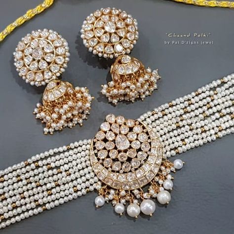 Chaand Polki Jhumki Set Moti Sets Jewellery Gold, Open Setting Polki Jewellery, Moti Choker Necklace, Jewellery Stones, Diamond Polki Jewellery, Polki Choker Set, Pakistani Bridal Jewelry, Kundan Jewellery Set, Choker Necklace Designs