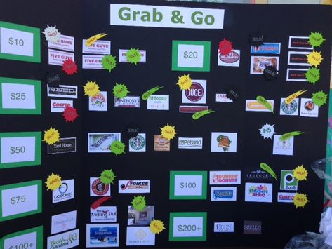 Grab & Go fundraising board filled with gift cards from local merchants to benefit St. Paul Lutheran School in Boca Raton.  All sold at face value. Gift Card Fundraiser Ideas, Gift Card Pull Fundraiser, Gift Card Fundraiser, Ways To Display Gift Cards For Raffle, Display Gift Cards For Auction, Raffel Ideas Fundraising, Ice Stars, Big Ticket Silent Auction Items, Auction Donations