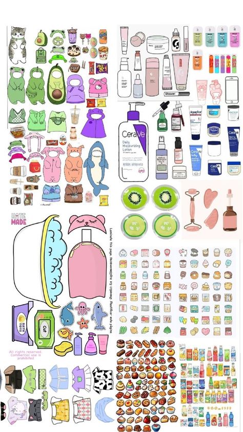 gatito de papel con comida, skincare, ropa y bañera Fun Things To Print Out, Cute Things To Print Out, Papel Aesthetic, Papel Duck, Buku Diy, Creepy Cute Fashion, Free Printable Paper Dolls, Paper Doll Printable Templates, Art Style Challenge