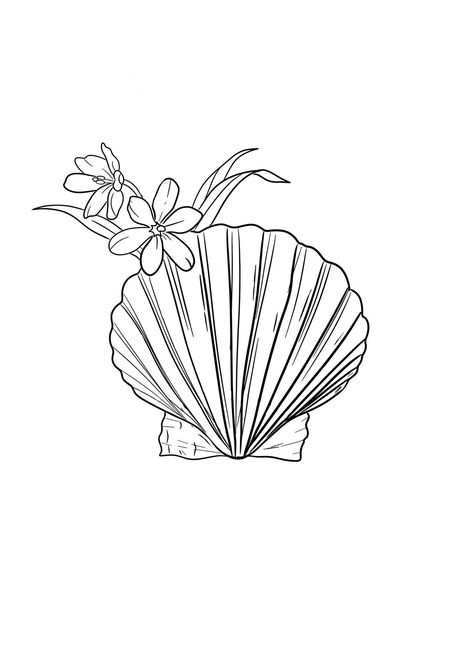 Dainty Sea Shell Tattoo, Seashell Rib Tattoo, Seashell Wrist Tattoo, Seashell Flower Tattoo, She’ll Tattoo, Shell Drawings, Seashell Tattoo, Feminine Shoulder Tattoos, Beachy Tattoos