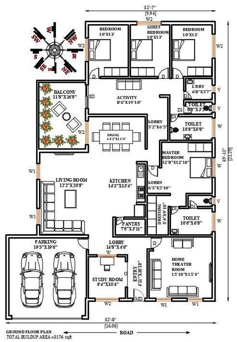 32'X70' East facing 4bhk house plan. The total Buildup area of this house drawing is 3176 sqft. The master bedroom is in the southwest direction and the kid's bedroom is in the northwest. The guest bedroom is in the west. Another bedroom is in the north with the attached toilet is in the north.. kitchen is placed in the north. Pantry is in the north near the kitchen.The common toilet is in the north. The hall is available in the south. study room available in the east direction. The car parking West Facing House Plans Vastu 2bhk, East Facing House Plan Vastu G+1, Indian House Plans East Facing With Vastu, East Facing 3 Bhk House Plan, 3bhk House Plan India Vastu East Facing, Classic House Plans, West Facing House, Front Wall Design, Classic House Design