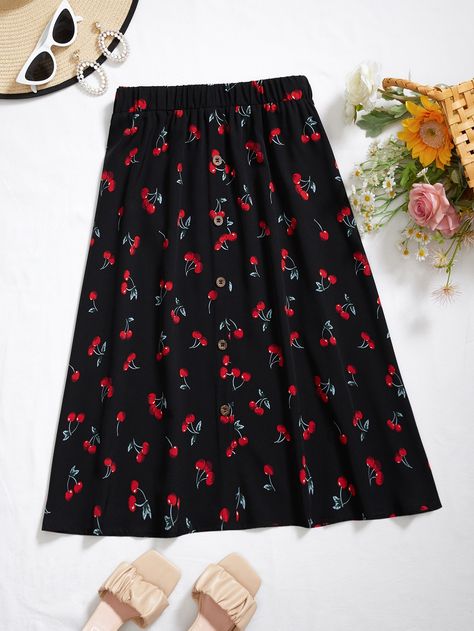 Plus Cherry Print Fake Button Skirt Cherry Skirt, Fall Plus Size, Button Skirt, Cherry Print, Plus Size Skirts, Black Casual, Amazing Products, Summer Fall, Autumn Summer