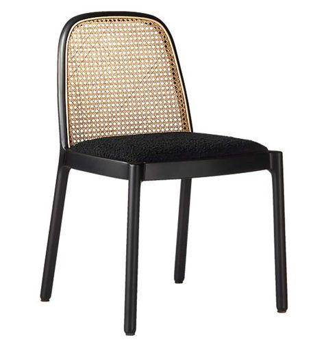 Trend Alert: Cane, a classic that never dies! Explore the latest 2020 trend of Cane. A modern (and a little glam) take on the classic cane chair. Jannis Ellenberger pairs natural rattan with a clean black frame and plush black boucle seat. . . . . The product link is an affiliate link which means I could receive a small commission if you purchase the product through this link. Jenny Komenda, Sleek Armchair, Woven Dining Chairs, Kursi Cafe, Kursi Bar, Dining Room Arm Chairs, Cane Dining Chair, Cane Furniture, Black Dining Chairs