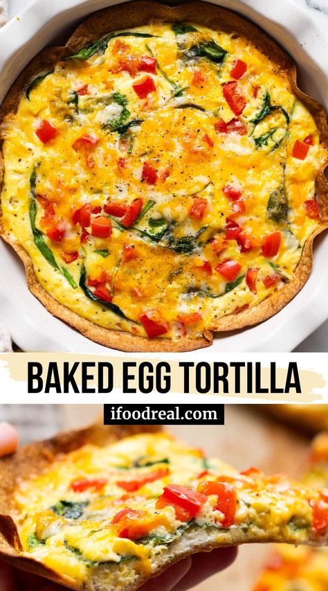 Baked Egg Tortilla bursting with versatility and flavor, packed with veggies and protein, and easy to make for breakfast or dinner! Easy Egg Dishes Dinners, High Protein Breakfast Tortilla Bake, High Protein Egg Tortilla Bake, Eggs On A Tortilla, Breakfast Tortilla Baked Eggs, High Protein Tortilla Baked Quiche, Baked Egg Tortilla Breakfast, Tortilla And Eggs Breakfast Mexican, Cottage Cheese Egg Tortilla Bake