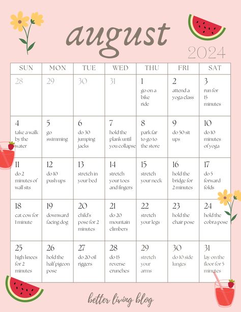 August 2024 - Movement (365 days of challenges) — better living blog August Daily Challenge, August 30 Day Challenge, August Glow Up Challenge, August Goals List, August Workout Challenge, August Checklist, August To Do List, August Bucket List, August Goals