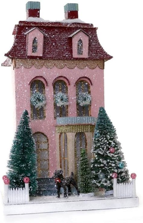 Pink Christmas Village, Santa House, Whimsical Christmas Decor, Putz House, Cody Foster, Christmas Village Houses, Christmas Village Display, Glitter Houses, Putz Houses