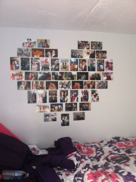 Heart shape photo arrangement for dorm Heart Shape Picture Collage, Heart Photo Frame Ideas, Picture Wall Ideas Boyfriend, Pictures In A Heart Shape, Heart Shape Room Decor, Heart Shaped Pictures On Wall, Heart Picture Collage Layout 4x6, Heart Shaped Wall Collage, Photos In Heart Shape On Wall