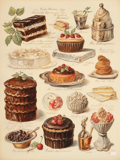 Baking Drawing Aesthetic, Vintage Food Painting, Vintage Baking Illustration, Cute Bakery Illustration, Baking Journal Aesthetic, Vintage Cooking Aesthetic, Vintage Cookbook Illustrations, Baking Illustration Art, Food Vintage Aesthetic