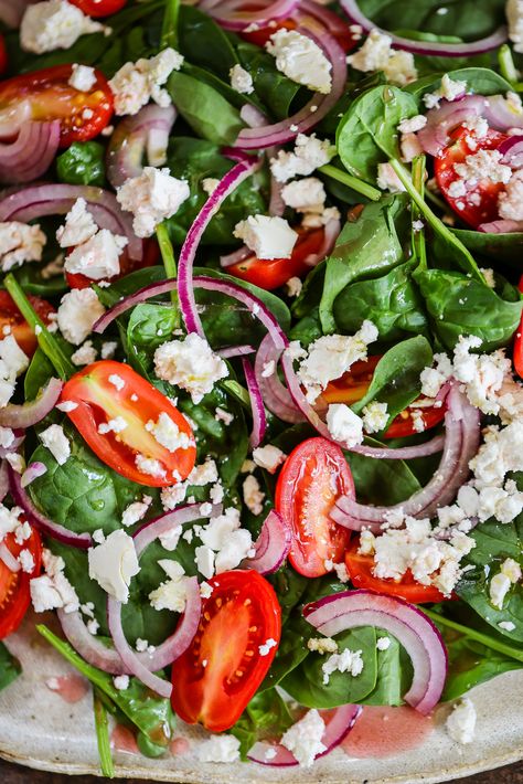 Spinach Red Onion Salad, Spinach With Tomato And Onion, Spinach Mediterranean Salad, Tomato Feta Cheese Salad, Red Onion Salad Recipes, Spinach And Tomato Salad, Spinach Feta Salad Recipes, Spinach And Feta Salad, Simple Spinach Salad Recipes