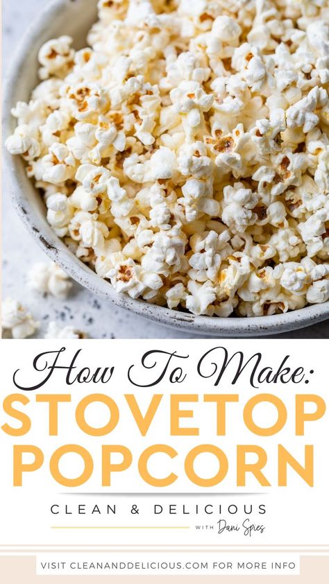 Learn how to make perfectly crunchy stovetop popcorn in less than 5 minutes! It’s easy to make with just three simple ingredients; including corn kernels, avocado oil and sea salt. Even tastier than movie theatre popcorn and much healthier. Homemade popcorn seasoning suggestions included! Popcorn just might be the perfect snack! It’s light, filling, low in calories, low in fat and easy to make. It’s portable, naturally gluten free and super tasty. | @danispies #danispies #healthypopcorn Healthy Popcorn Recipes, Low Calorie Popcorn, Homemade Popcorn Seasoning, Movie Theatre Popcorn, Theatre Popcorn, Gluten Free Popcorn, Stovetop Popcorn, Healthy Kid Friendly Meals, Healthy Popcorn