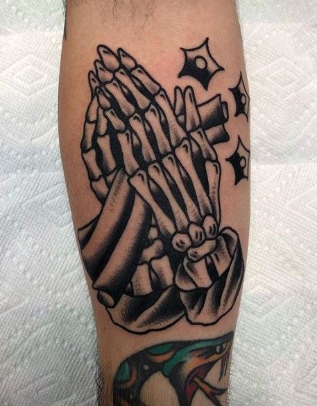 Praying skeleton hands tattoo done by @tbirdtattoos in Vancouver | www.otziapp.com Skeleton Handshake Tattoo, Traditional Praying Hands Tattoo, Hand Tattoo Traditional, Skeleton Hands Tattoo, Praying Skeleton Hands, Demon Hands, Designing Tattoos, Praying Hands Tattoo Design, Praying Skeleton