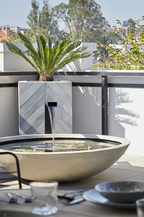 The Block 2018: Jess and Norm's terrace with statement fish pond water feature Modern Fish Pond, Garden Pot Water Feature, Modern Fountain Design, Rooftop Fountain, Terrace Water Fountain, Rooftop Water Feature, Terrace Water Feature, Interior Water Feature, Water Feature Landscape