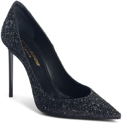 Saint Laurent Zoe Glitter Pump in black | holiday party worthy designer shoes for petite women with small feet, available down to a us size 4 or 34 eu | A dangerous-looking stiletto heel and a provocatively plunging topline define a signature pointy-toe pump awash in shimmering midnight glitter | affiliate link | Nordstrom Shoes For Petite Women, Tiktok Clothes, Royal Shoes, Saint Laurent Heels, Black Sparkly Heels, Prom 2024, Glitter Pumps, Nye Outfits, Sparkly Heels