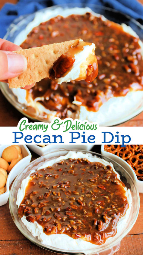 This decadent pecan pie dip features a fluffy sweet cream cheese layer topped with a gooey pecan pie filling layer. The combination is fabulous with graham crackers, pretzels, apple slices, and more. All Recipes Pecan Pie Dip, Cream Cheese Pecan Pie Dip, Salted Caramel Pecan Cheesecake Dip, Pecan Pie Cream Cheese Dip, Cream Cheese Pecan Dip, Pecan Cream Cheese Dip, Pecan Pie Cheesecake Dip, Pecan Dip Cream Cheese, No Bake Pecan Pie Dip