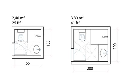 Gallery of Minimum Dimensions and Typical Layouts for Small Bathrooms - 3 Small Bathroom Dimensions, Narrow Bathroom Layout, Small Narrow Bathroom, Square Floor Plans, Bathroom Layout Plans, Small Bathroom Layout, Bathroom Plan, Small Bathroom Renovations, Bathroom Dimensions