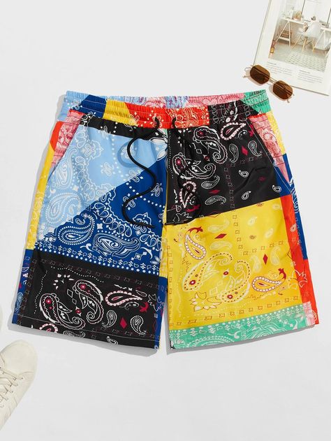 Kebaya Modern Dress, Festival Outfits Men, Shein Men, Creative Clothes, Dressing Sense, Patchwork Shorts, Patch Work Blouse, Stylish Men Casual, Drawstring Waist Shorts