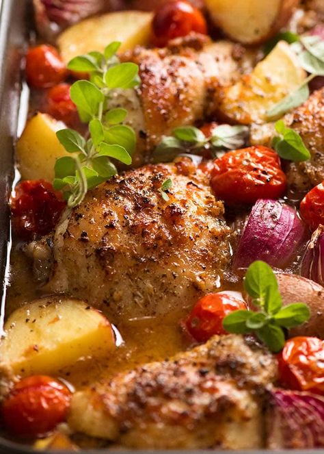 Mediterranean Baked Chicken Dinner | RecipeTin Eats Mediterranean Diet Hamburger Recipe, Minimal Dinner Ideas, Recipe Tin Eats Chicken, Mediterranean Diet Recipes Dinners Chicken, Chicken Pot Recipes, Chicken Tight Recipe Easy Healthy, Meditterean Chicken Recipes, Elegant Dinner Ideas, Oven Baked Chicken And Potatoes